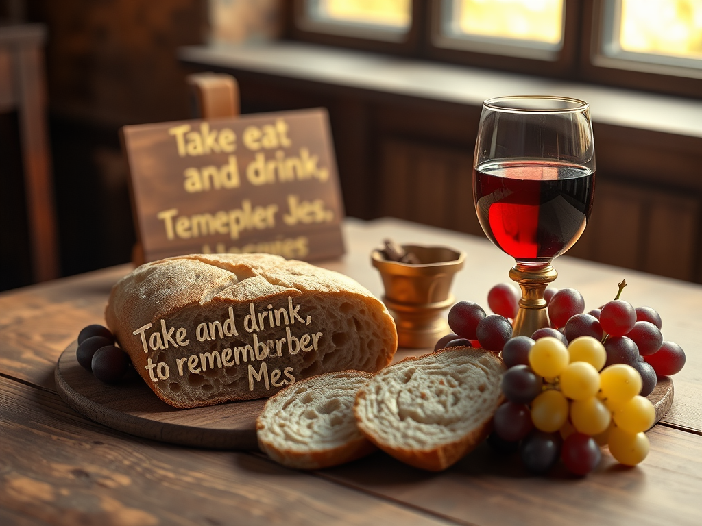 A wooden table setting featuring a loaf of bread and a glass of red wine, accompanied by grapes of different colors and a decorative sign that reads 'Take and drink, to remember Me.'