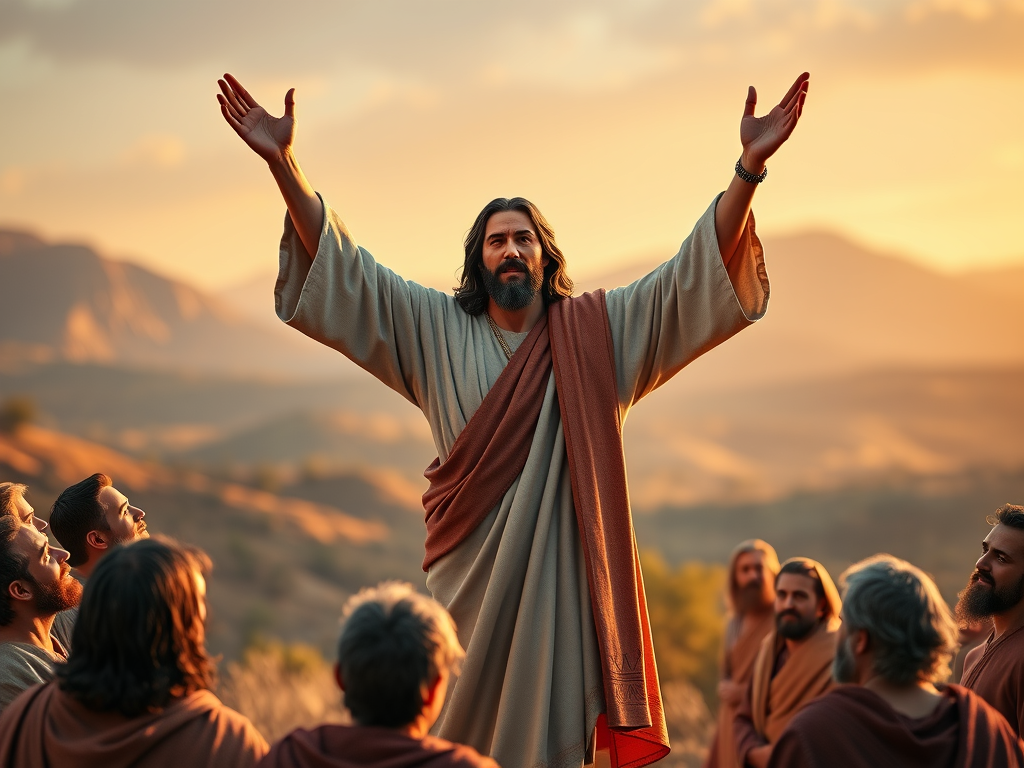 A figure raising arms in a gesture of blessing or teaching, surrounded by a group of attentive individuals, against a backdrop of a sunlit landscape.